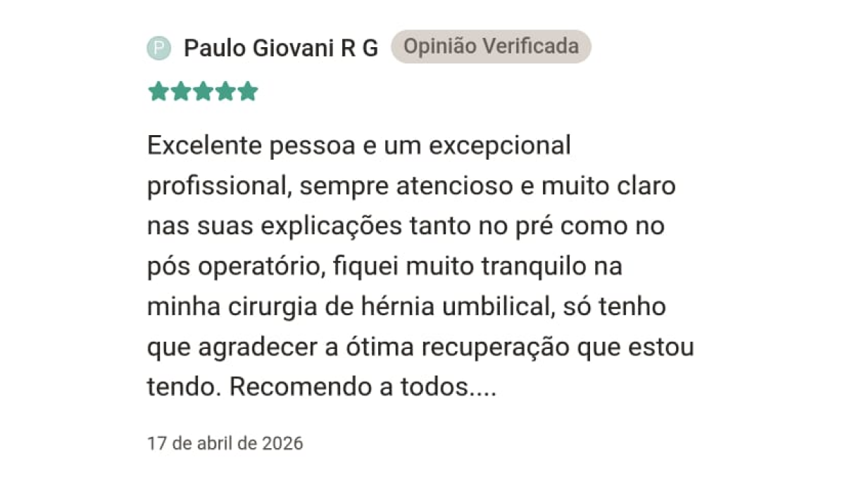 Avaliação de Paulo Giovani R G, 5 estrelas: cirurgia de hérnia umbilical