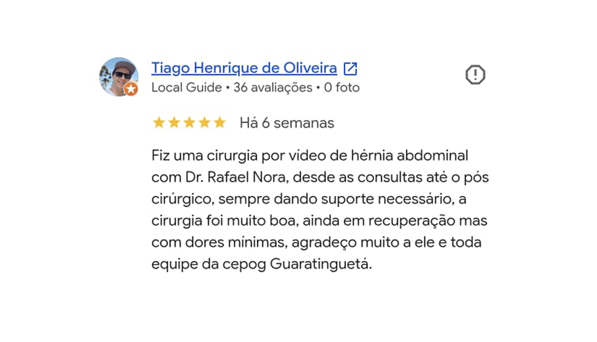 Avaliação de Tiago Henrique de Oliveira, 5 estrelas: cirurgia de hérnia abdominal